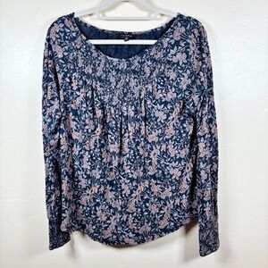 Lucky Brand‎ Floral Smocked Blouse Women's Large Navy Floral L/S Stretch Boho